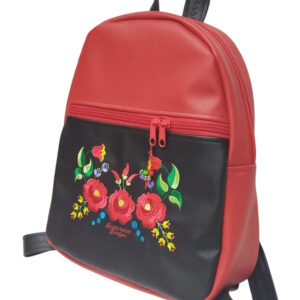 Hímzett DORINA-L hátizsák – Hungarian Folkart 30 – textilbőr pántokkal fekete-piros 33x27x10