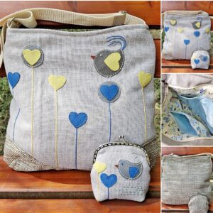 Crossbody táska és fém keretes pénztárca szívvirágos, madaras applikált táskaszett
