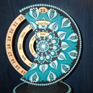 Öröknaptár 21cm türkiz mandala mintával festett fekete alapra, bármilyen felirattal