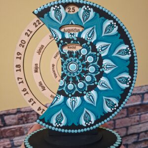 Öröknaptár 21cm türkiz mandala mintával festett fekete alapra, bármilyen felirattal