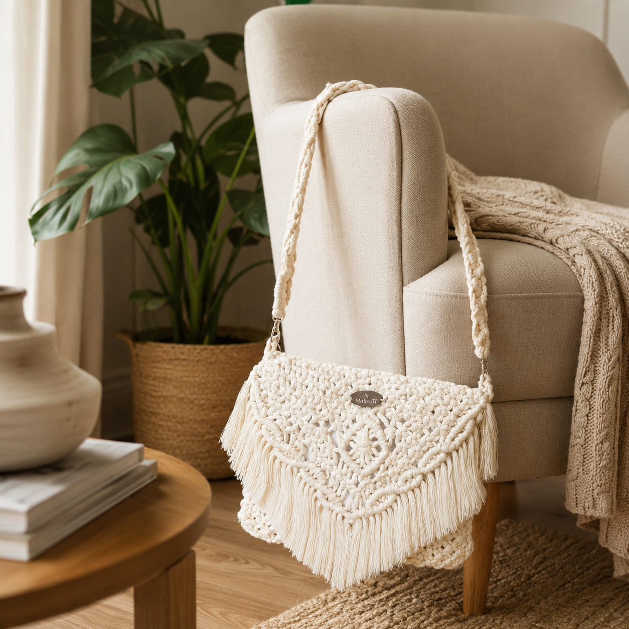 EkrüÁlom crossbody makramé táska