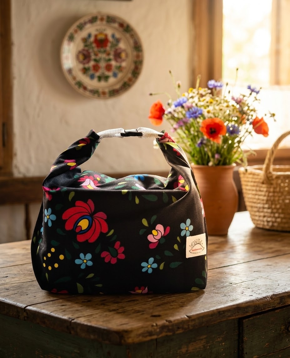Fekete népimotívumos lunchbag
