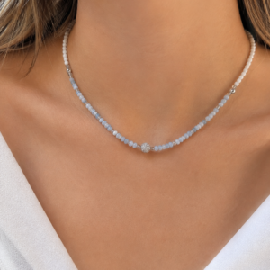 Fehér ónix, akvamarin és hegyikristály choker nyaklánc – 💎🤍