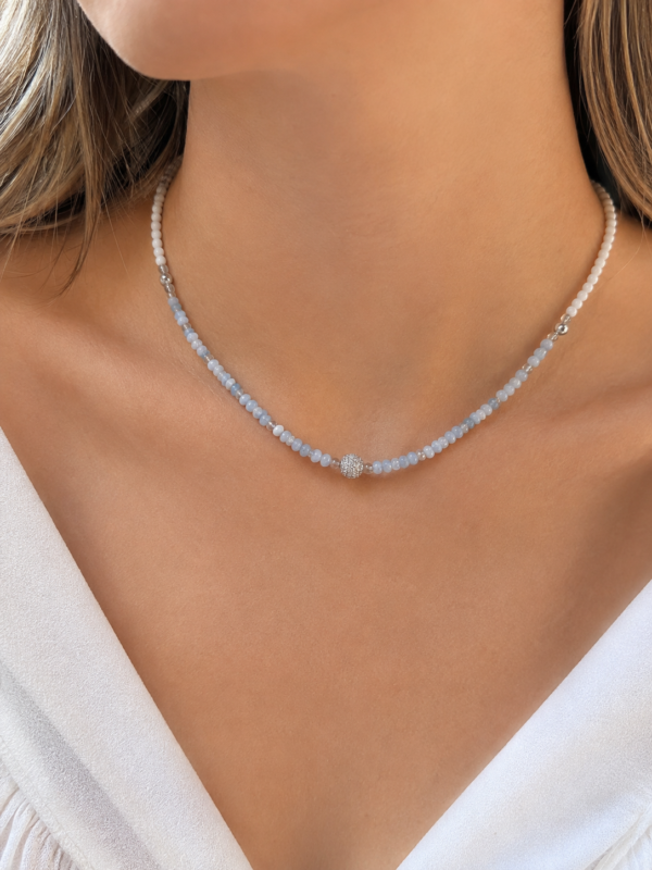 Fehér ónix, akvamarin és hegyikristály choker nyaklánc – 💎🤍