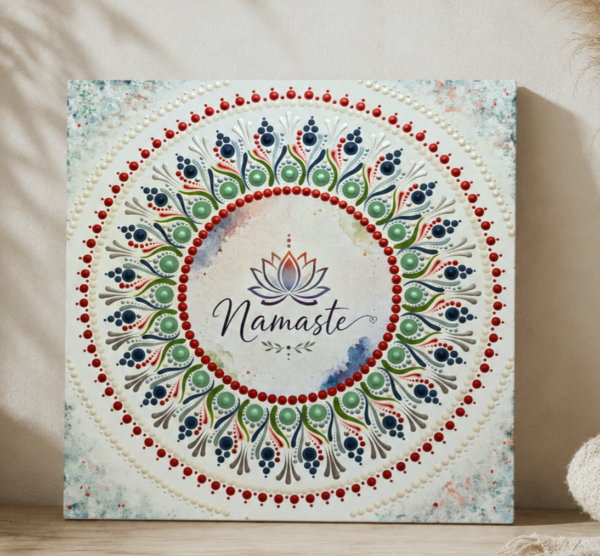 Namaste – kézzel festett pontozott mandala (30×30 cm)