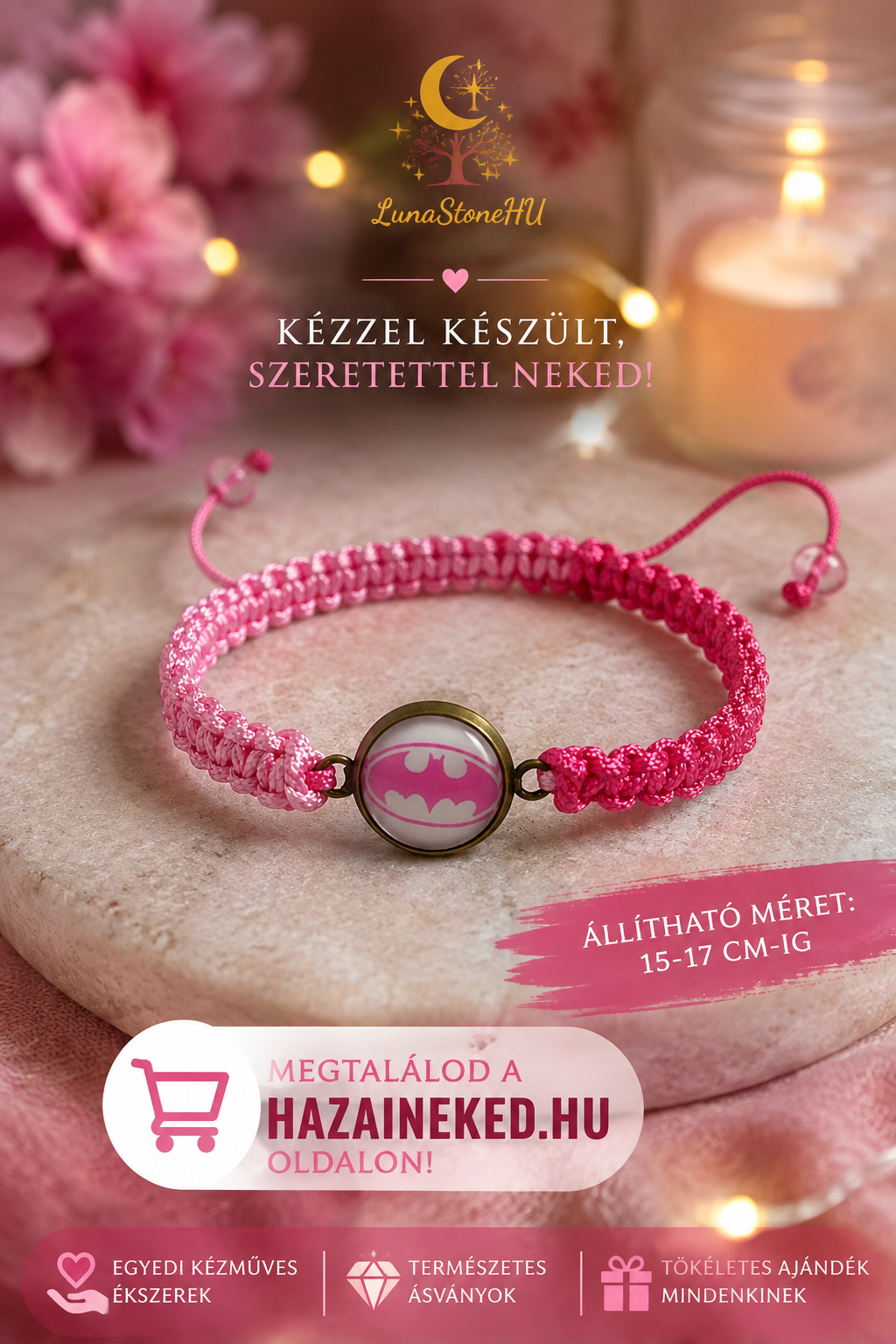 🦇💗 Mini Hős – Egyedi Batman makramé karkötő ✨