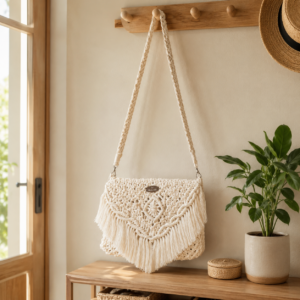 EkrüÁlom crossbody makramé táska