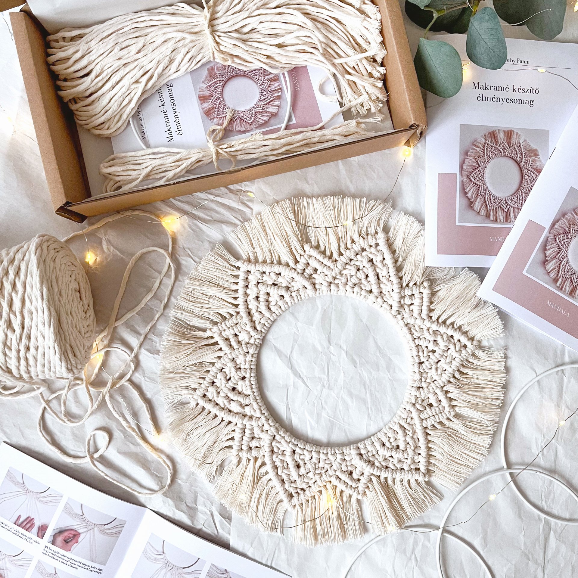 DIY Makramé Mandala csináld magad csomag – falidísz készítő kreatív ajándék, 6 színben
