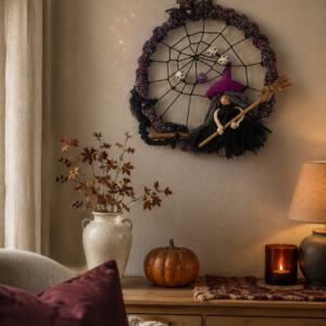 Boszis halloweeni makramé kopogtató – randi a seprűn!