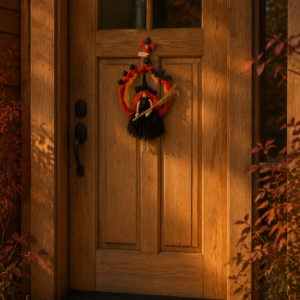 Rőthajú Bűbáj – kézműves halloweeni ajtó- és falidekoráció