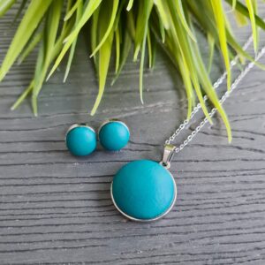 Sötét türkiz – ezüst nemesacél medálos nyaklánc és fülbevaló szett