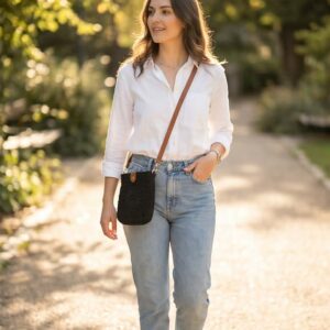 ZIBO Go horgolt crossbody táska – fekete barna pánttal
