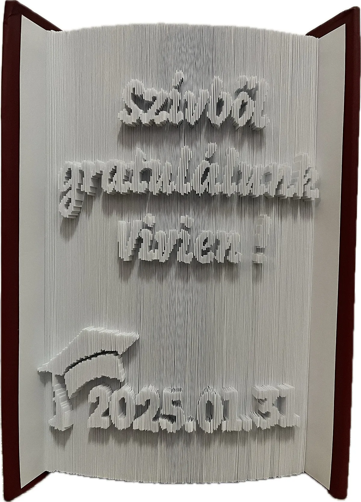 Egyedi ballagási könyvszobor névvel, dátummal és ballagási kalappal – Szívből gratulálunk felirattal