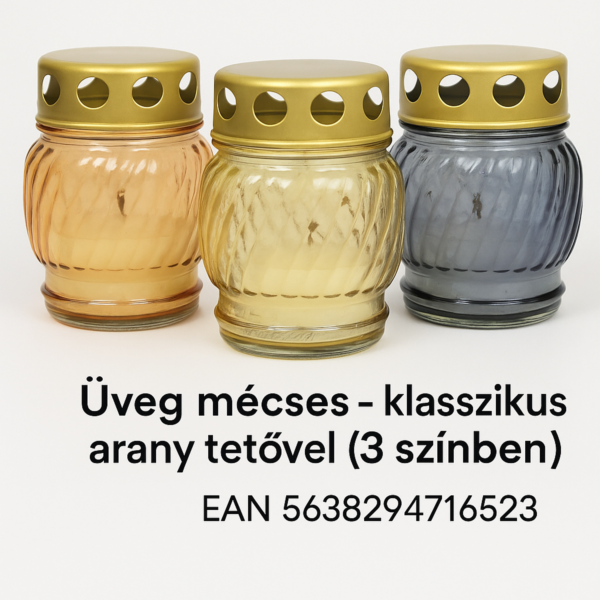 Üveg Mécses – Klasszikus Arany Tetővel (3 színben)