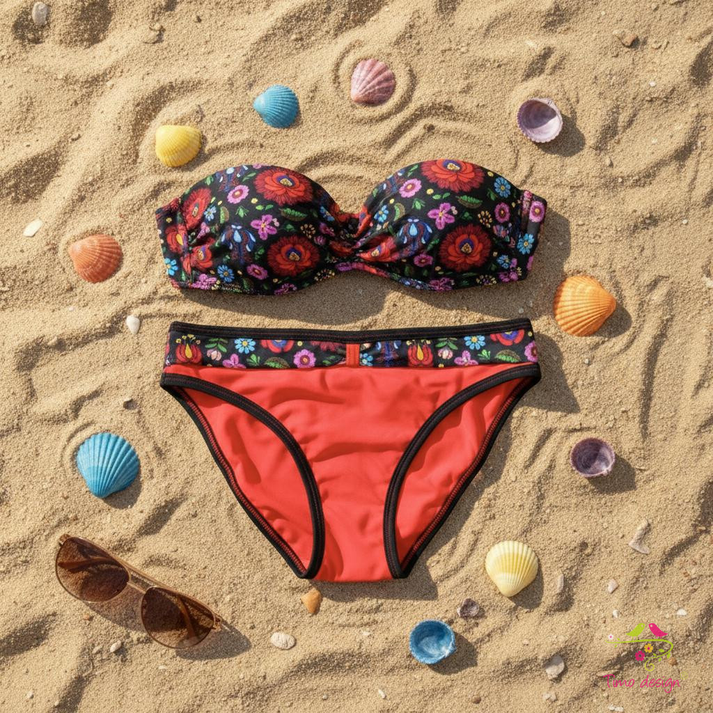 Piros-fekete menstruációs fürdőruha alsó, bikini alsó, fürdőbugyi