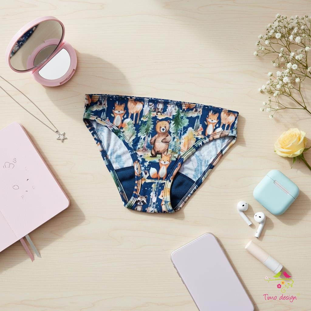 Tini menstruációs bugyi erdei állatok mintával, közepes erősségű vérzéshez