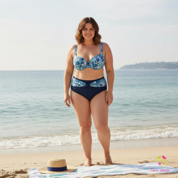 Sötétkék magas derekú menstruációs bikini alsó, népi motívumos övdísszel