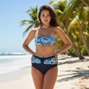 Sötétkék magas derekú menstruációs bikini alsó, népi motívumos övdísszel