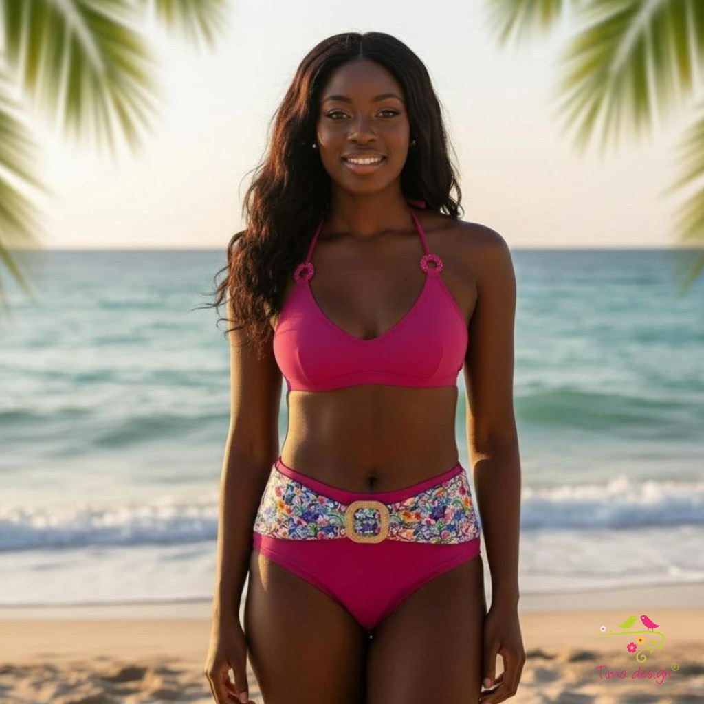 Fukszia magas derekú menstruációs bikini alsó, virág mintás övrésszel, fonott hatású övdísszel