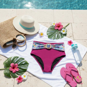 Fukszia magas derekú menstruációs bikini alsó, virág mintás övrésszel, fonott hatású övdísszel
