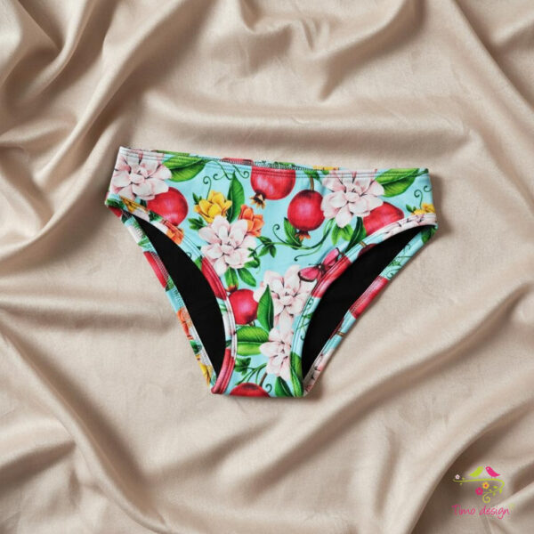 „Gyümölcsös-virágos” tini menstruációs bugyi erős vérzéshez, bikini fazonú