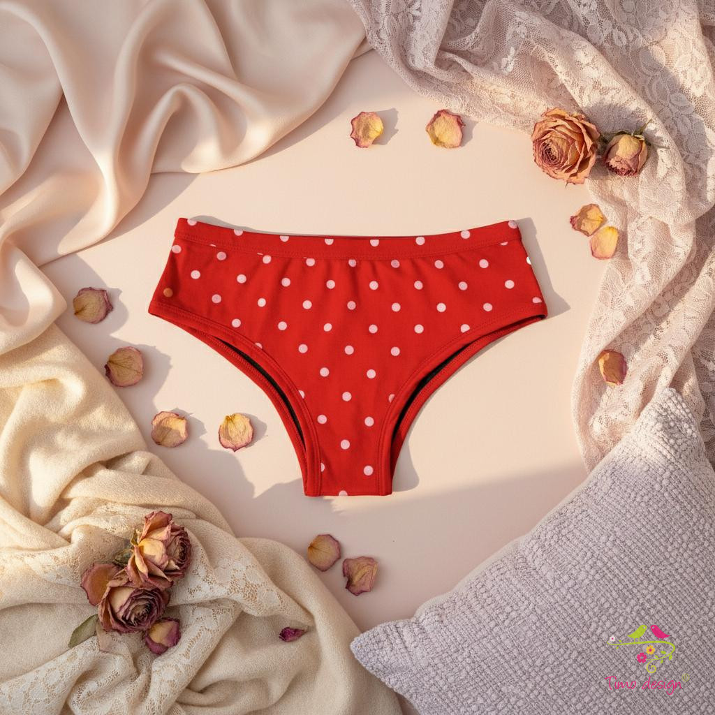 Piros alapon fehér pöttyös bevarrt magos menstruációs bugyi, közepes erősségű vérzéshez