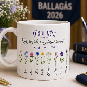 Ballagási bögre pedagógusnak – Egyedi nevekkel, virágmintával