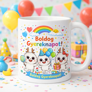 Boldog Gyereknapot feliratú, aranyos figurás kerámia bögre – vidám ajándék gyerekeknek