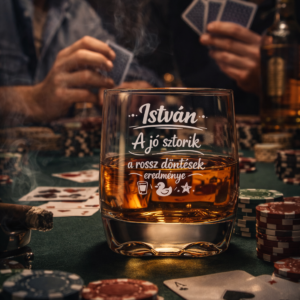 Gravírozott whiskys pohár – „A jó sztorik a rossz döntések eredménye” – Névre szóló férfias ajándék
