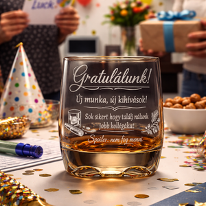 Gravírozott whiskys pohár – búcsúajándék kollégának