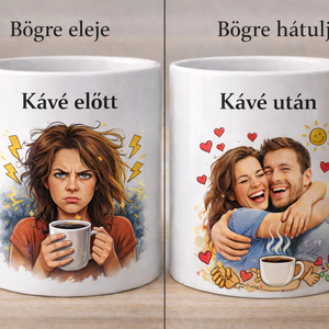 Kétoldalas vicces „Kávé előtt – Kávé után” bögre – Egy bögre, két arc