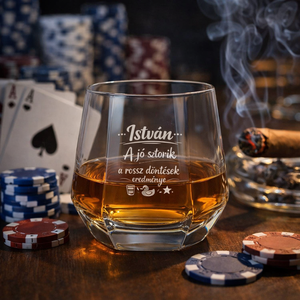 Prémium gyémánt formájú gravírozott whiskys pohár – „A jó sztorik a rossz döntések eredménye”
