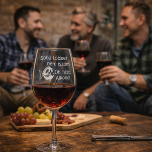 Vicces feliratú pohár – „Többet nem iszom! Oh nézd, alkohol!”