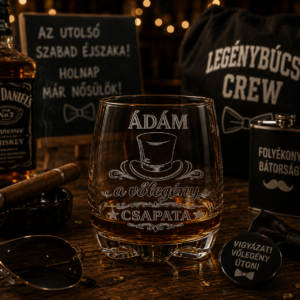 Legénybúcsús gravírozott whiskys pohár