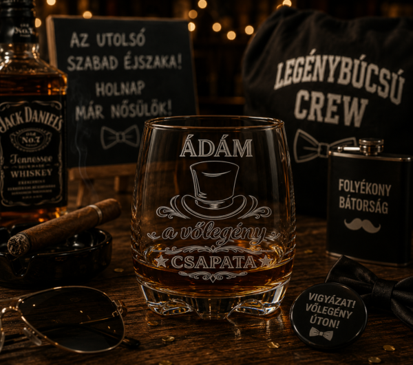 Legénybúcsús gravírozott whiskys pohár