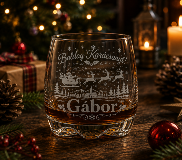 Gravírozott karácsonyi whiskys pohár névre szóló