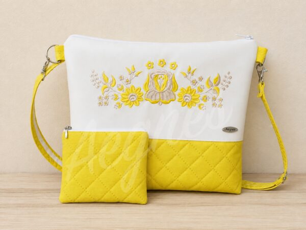 Napsugár – gépi hímzett női válltáska hozzáillő neszesszerrel 💛