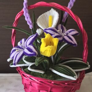 🌸 Kézműves Zsenília Virágkosár – Örök tavasz prémium kivitelben