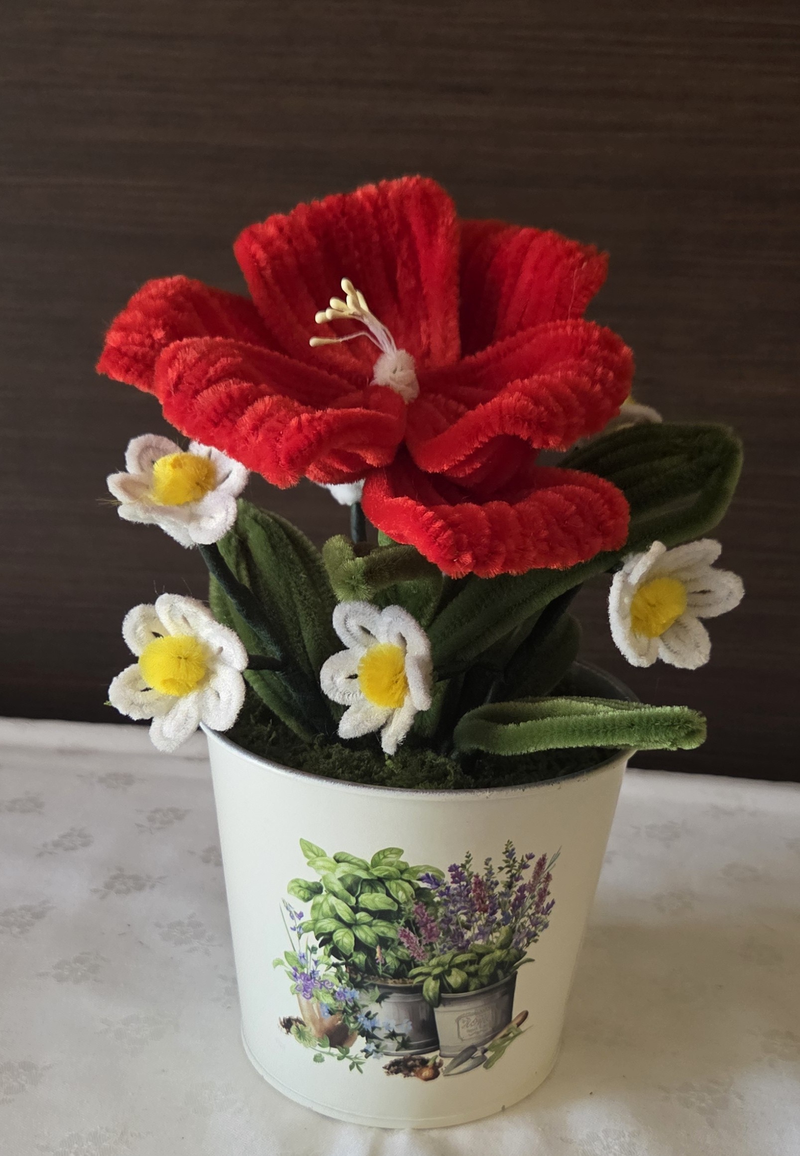 🌺 Kézműves Zsenília Virág kaspóban – Elegáns és örök lakásdekoráció