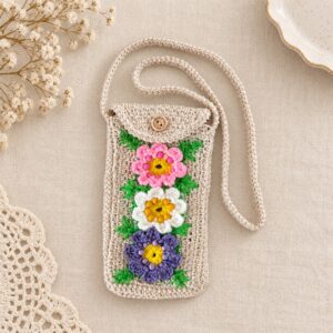 Kézzel horgolt, nyakba akasztható virágos kistáska🌸telefon tartó szemüveg tartó