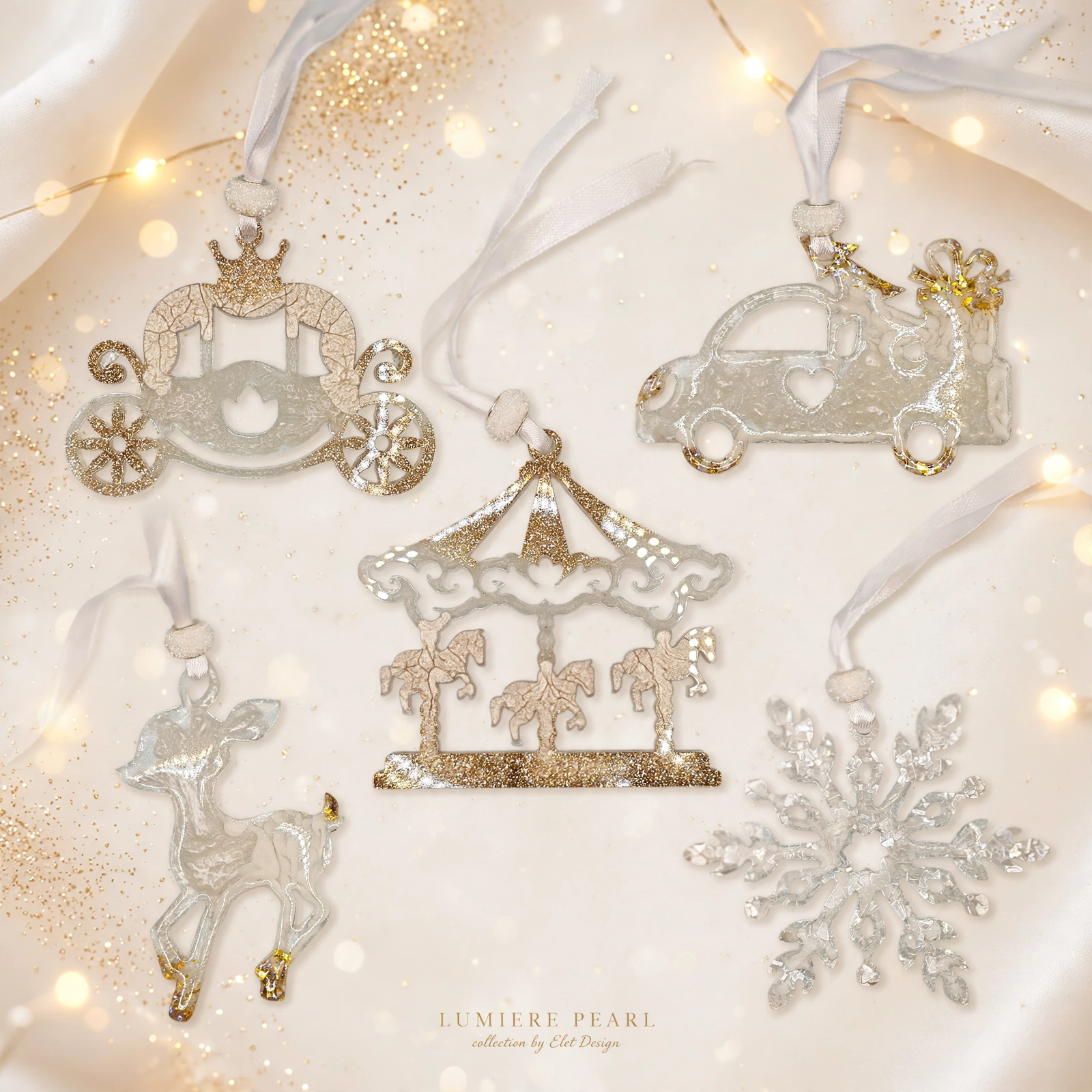 LUMIÈRE PEARL – 5 darabos kézműves karácsonyfadísz szett díszdobozban