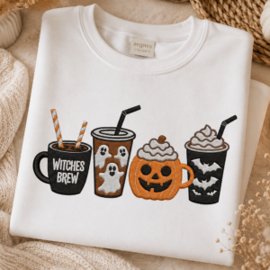 🎃 Halloween hímzett pulóver – BOO szellemes / Halloween italos mintával