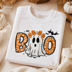 🎃 Halloween hímzett pulóver – BOO szellemes / Halloween italos mintával