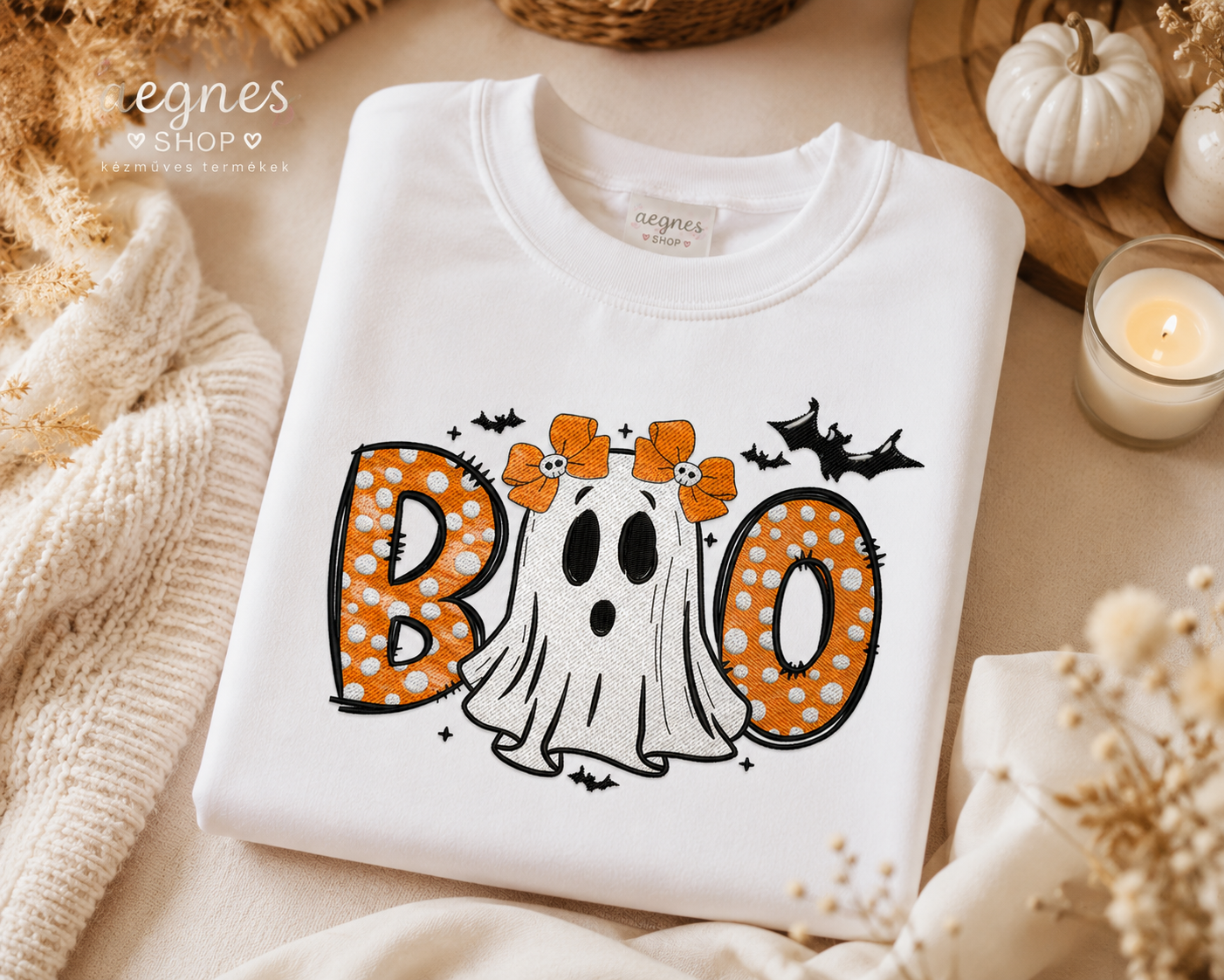 🎃 Halloween hímzett pulóver – BOO szellemes / Halloween italos mintával