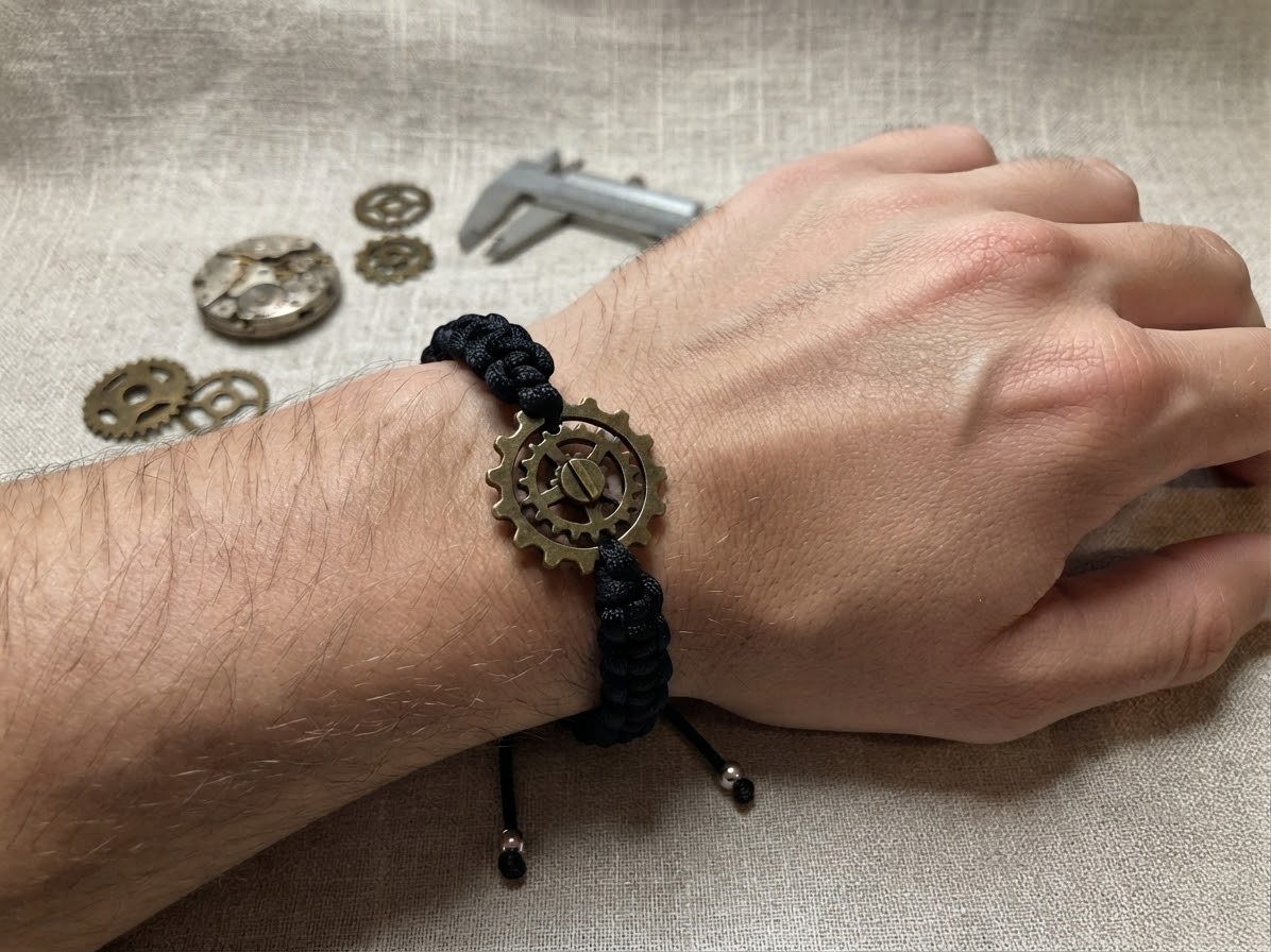 Mechanikus Elegancia – Steampunk Férfi Makramé Karkötő Bronz Fogaskerékkel