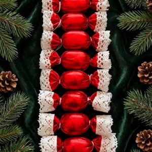 Piros lamé textil szaloncukor – 8 db díszdobozban, karácsonyfadísz