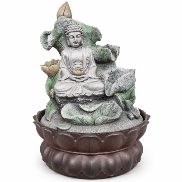 Buddha asztali szökőkút zöld levelekkel és barna lótusztállal