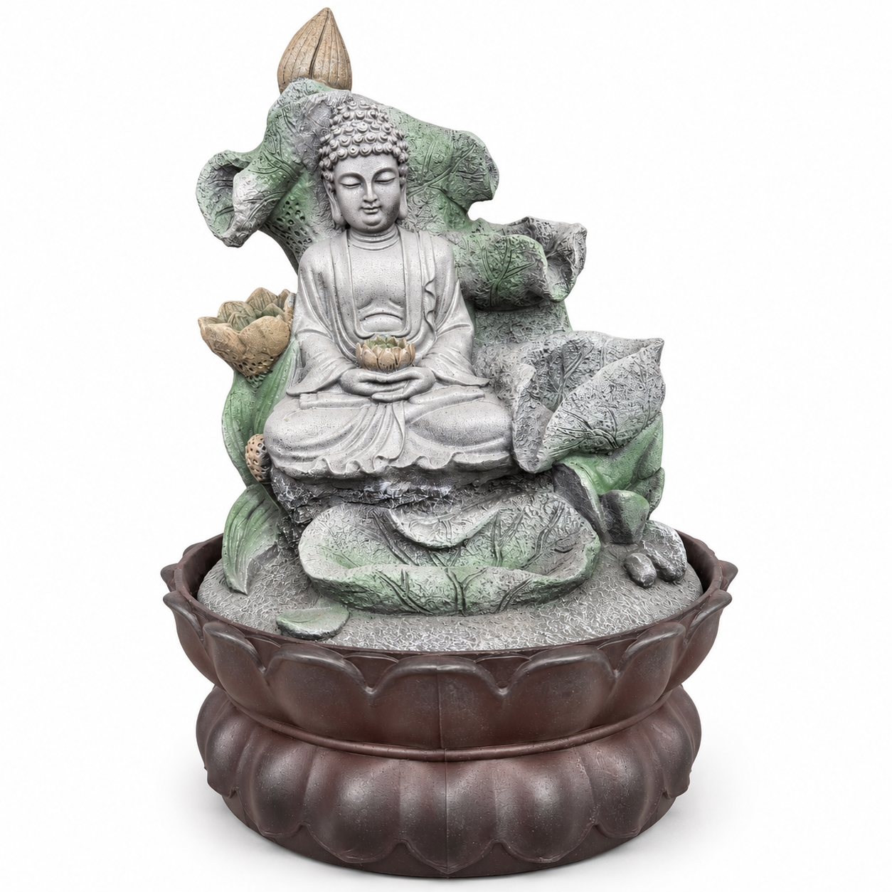 Buddha asztali szökőkút zöld levelekkel és barna lótusztállal