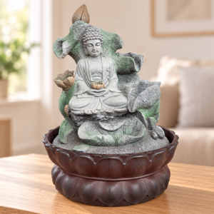 Buddha asztali szökőkút zöld levelekkel és barna lótusztállal