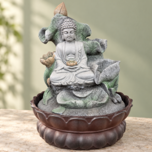 Buddha asztali szökőkút zöld levelekkel és barna lótusztállal